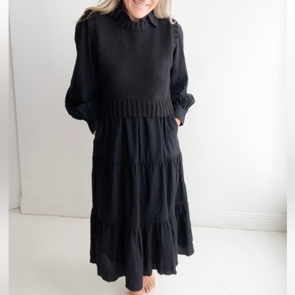 Tiered Midi Dress with Sweater Vest